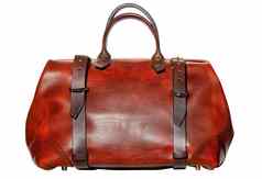 皮革红色的棕色（的）旅行书包袋孤立的白色背景