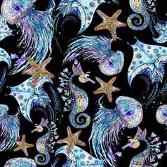水彩墨水斯凯茨模式海动物