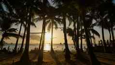 海滩轮廓游客棕榈树岛长滩岛棕榈树射线日落帆船水菲律宾热带地区