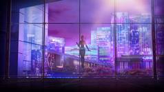 飞行机器人前面窗口俯瞰晚上城市渲染