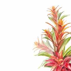 热带凤梨科植物植物红色的绿色叶子手绘水彩插图突出显示白色背景春天夏天花婚礼邀请明信片