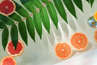 橙色柠檬葡萄柚水果水绿色叶子装饰聚会，派对柑橘类水果浴热夏天一天水果鸡尾酒