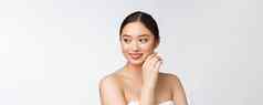 美丽的亚洲女人化妆化妆品女孩手触摸脸颊微笑脸美完美的健康孤立的白色背景