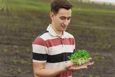 vegeterianmicrogreen土壤手男人。持有绿色microgreen向日葵种子手健康的素食主义者食物交付