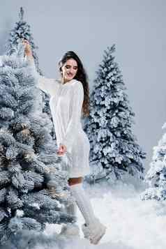有吸引力的女孩温暖的白色毛衣白色袜子雪树一年圣诞节假期