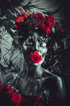 肖像女孩脸画彩色的油漆花环花弗里达kahlo的脚步