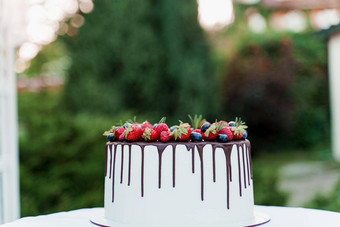 婚礼蛋糕草莓蓝莓前绿色背景白色美味的蛋糕仪式广告厨师