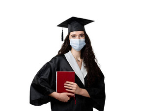 学生书毕业袍帽医疗面具冠状病毒科维德期<strong>未来领袖</strong>科学院士年轻的女人黑色的礼服微笑