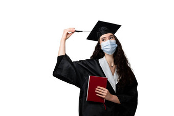 学生书毕业袍帽医疗面具冠状病毒科维德期<strong>未来领袖</strong>科学院士年轻的女人黑色的礼服微笑