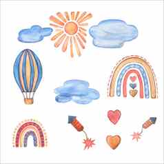 飞天空水彩剪纸艺术孩子们木玩具热空气气球彩虹clode太阳心烟花托儿所手绘艺术装饰婴儿男孩插图孤立的白色背景