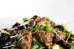 特写镜头绿色沙拉蜗牛白色背景法国美食厨房