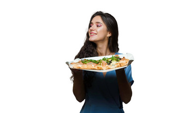 <strong>女孩快递</strong>平萨罗马scrocchiarella美食意大利厨房白色背景持有传统的菜食物交付比萨 店平萨肉芝麻菜橄榄奶酪