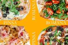 平萨罗马美食意大利厨房黄色的背景scrocchiarella食物交付比萨 店