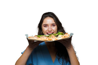 女孩快递平萨罗马scrocchiarella美食意大利厨房白色背景持有传统的菜食物交付比萨 店平萨肉芝麻菜橄榄奶酪