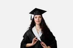 距离学习在线研究首页毕业大学研究生黑色的袍微笑白色背景有趣的女人微笑成功的完成大学完整的主学位