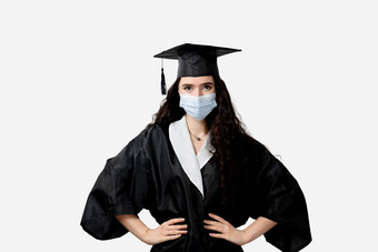 距离学习在线医疗面具冠状病毒科维德期研究首页毕业大学研究生黑色的袍微笑完成大学完整的主学位