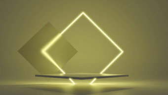 渲染<strong>黄色</strong>的平台霓虹灯闪亮的透明的玻璃环<strong>几何</strong>形状作文空空间产品设计显示最小的横幅模型