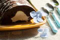 巧克力蛋糕薄荷蓝莓水平格式