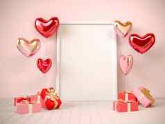 室内米色颜色礼物心形的气球框架情人节一天呈现插图