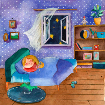 水彩插图年轻的女孩睡觉房间开放窗口女概念水平视图Copy-Space模板设计卡海报壁纸
