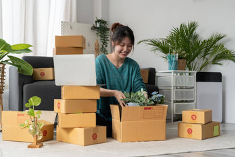 快乐年轻的商人老板包装植物纸板盒子年轻的老板女人开始业务在线人在线购物锻造企业家自由工作概念