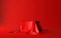 现实的盒子覆盖红色的丝绸布孤立的红色的背景