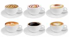 一边视图咖啡杯集合咖啡杯分类形状标志集合孤立的白色背景保存剪裁路径