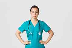 科维德医疗保健工人流感大流行概念自信确定亚洲女护士帮助病人工作冠状病毒疾病准备好了穿实习医生风云眼镜白色背景