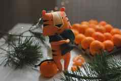 一年圣诞节背景橘子老虎玩具象征