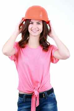 女人构建器孤立的肖像保护头盔