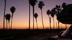 房车预告片商队路旅行棕榈树加州海滩日落