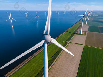 巨大的风车涡轮机离岸风车农场海洋西风公园风车孤立的海美丽的明亮的一天荷兰弗莱福兰东北圩田