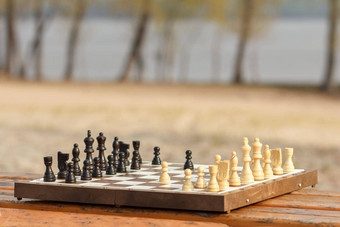 国际象棋董事会木国际象棋块木板凳上