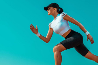 运动员跑步者短跑运动员女孩适合运动员运行天空背景概念健康的生活方式体育运动女人黑色的白色运动服装