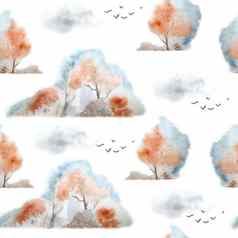 无缝的水彩手画优雅的模式时尚的森林自然平静秋天秋天树景观棕色（的）红色的赭色靛蓝蓝色的颜色飞行鸟林地自然情人乡村野生动物多雾的有雾的
