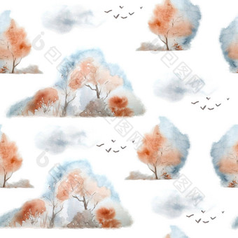无缝的水彩手画优雅的模式时尚的森林<strong>自然</strong>平静秋天秋天树景观棕色（的）红色的赭色靛蓝蓝色的颜色飞行鸟<strong>林地自然</strong>情人乡村野生动物多雾的有雾的