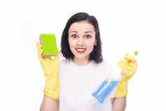 快乐女人清洁手套持有洗碗海绵家庭化学物质白色工作室背景