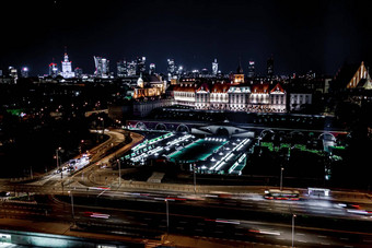空中视图建筑城堡教堂城市华沙城市<strong>景观建筑</strong>体系结构小镇华沙晚上时间