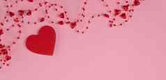 横幅概念极简主义情人节一天红色的心柔和的粉红色的背景红色的珠子心平躺