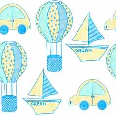 水彩手画无缝的模式蓝色的男孩婴儿淋浴织物打印柔和的托儿所星星彩虹气球云可爱的卡哇伊生日邀请邀请插图设计运输车