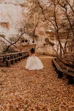 新娘白色婚礼衣服运行秋天森林下降橙色叶子