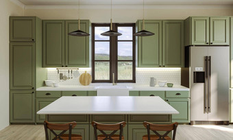 现代风格厨房光计数器前水槽滚刀烤箱厨房餐具呈现