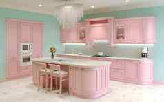 粉红色的时尚的厨房岛呈现