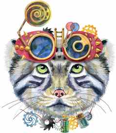 水彩肖像兔狲猫蒸汽朋克护目镜白色背景
