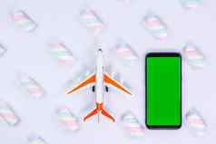 电话模型飞机模型黑色的智能手机空白屏幕白色背景扭曲的棉花糖模式模拟通用的设备