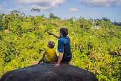爸爸儿子游客石头丛林旅行孩子们概念孩子们孩子友好的的地方