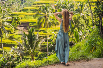 美丽的年轻的女人走典型的亚洲山坡上大米农业山形状绿色级联大米场梯田稻田乌布巴厘岛印尼巴厘岛旅行概念