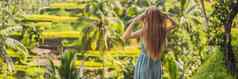 横幅长格式美丽的年轻的女人走典型的亚洲山坡上大米农业山形状绿色级联大米场梯田稻田乌布巴厘岛印尼巴厘岛旅行概念