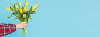 横幅花束黄色的郁金香女手蓝色的背景复制空间的地方广告礼物假期概念
