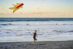快乐年轻的男孩飞行风筝海滩日落